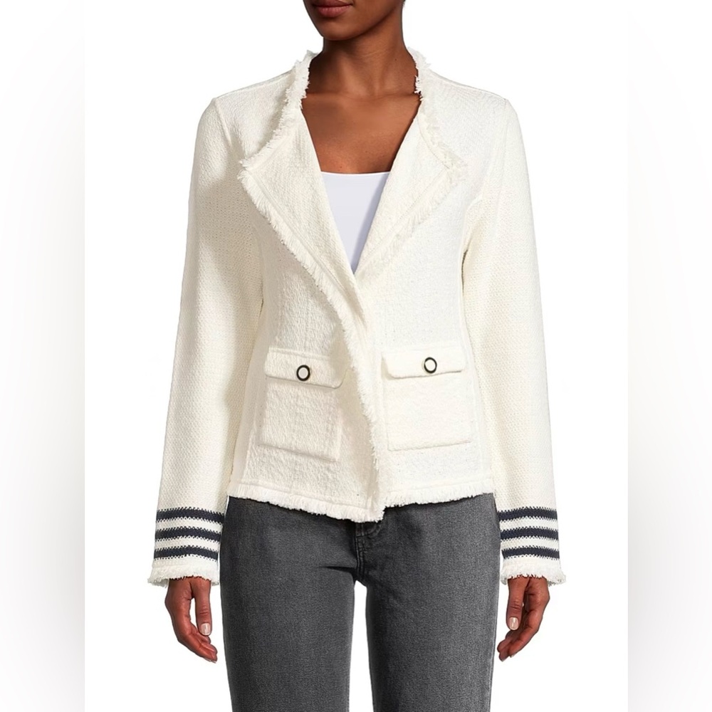 NIC+ZOE Fringe Knit Cotton Blend Jacket Blazer‎ in Cream w Striped Cuffs NWT Sm